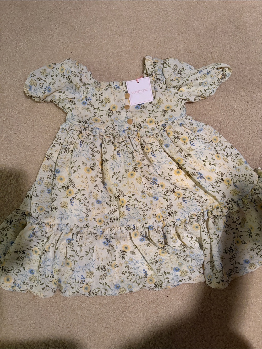 Shabby Chic Cream Floral Puff-Sleeve Dress with Yellow and Blue Accents
